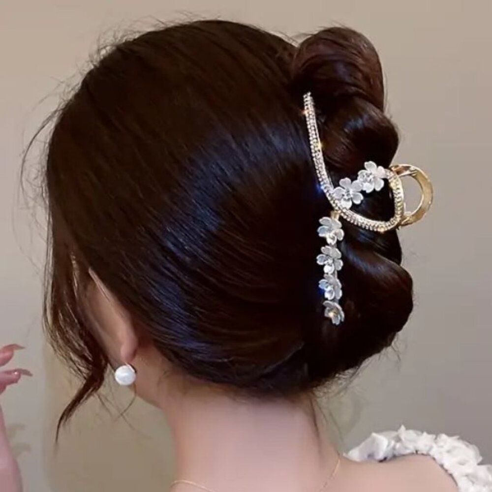 Gold Metal Hair Claw Clip with Shell Flowers & Rhinestones